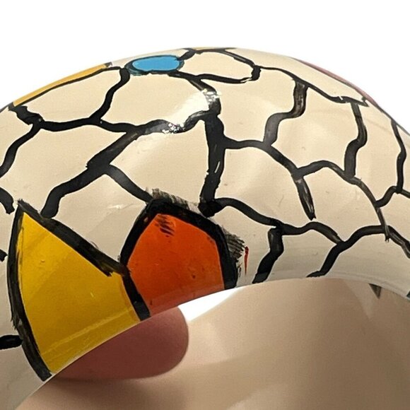 Vtg Retro Artisan Hand Painted Wood Geometric Crackle Bangle Bracelet 80s 90s - Picture 10 of 12